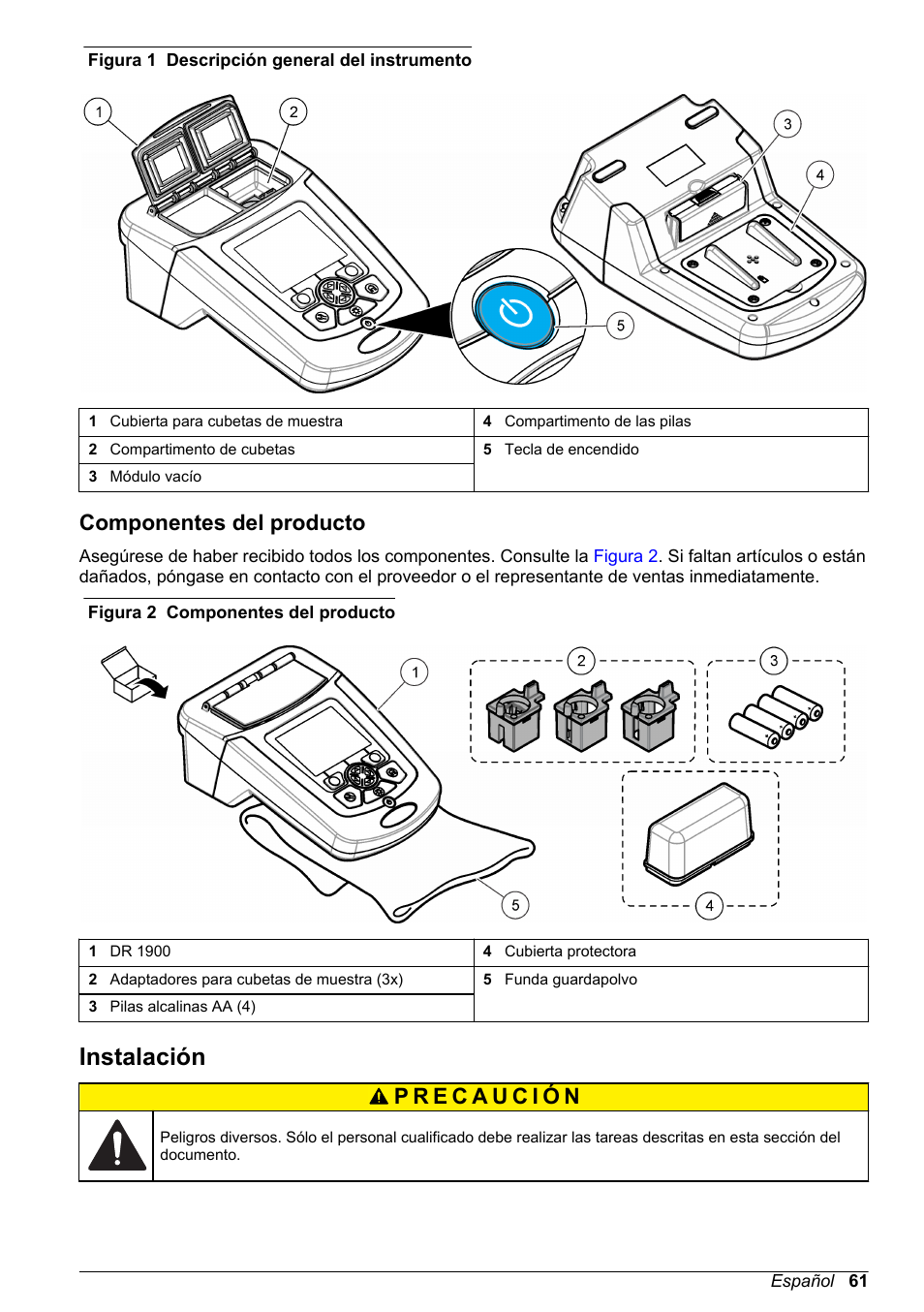Componentes del producto, Instalación | Hach-Lange DR1900 Basic User Manual User Manual | Page 61 / 318