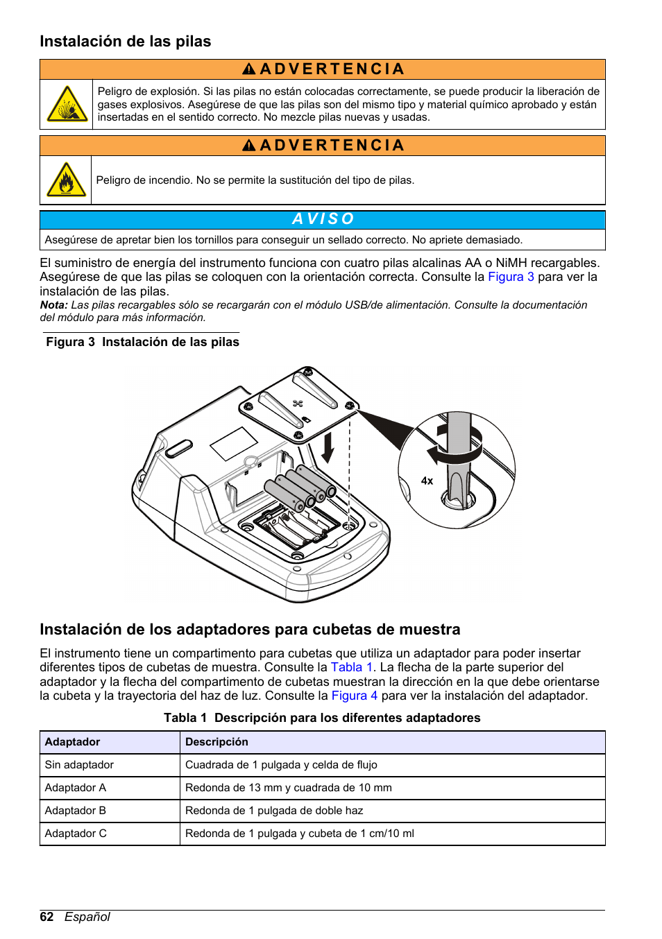Instalación de las pilas | Hach-Lange DR1900 Basic User Manual User Manual | Page 62 / 318