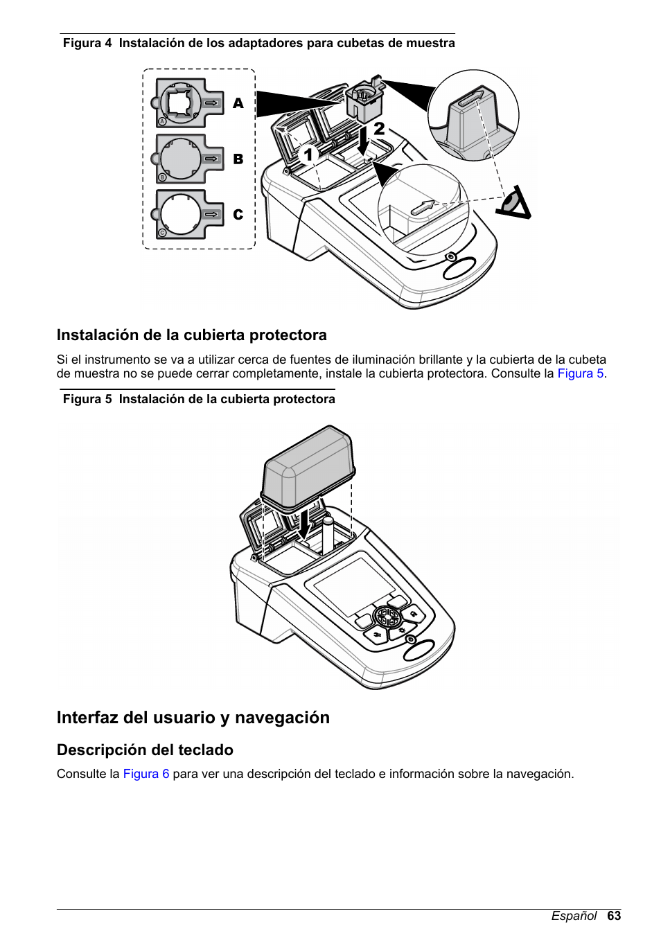 Instalación de la cubierta protectora, Interfaz del usuario y navegación, Descripción del teclado | Figura 4 | Hach-Lange DR1900 Basic User Manual User Manual | Page 63 / 318