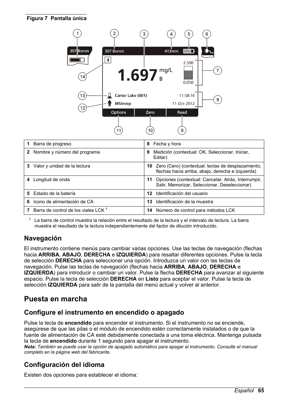 Navegación, Puesta en marcha, Configure el instrumento en encendido o apagado | Configuración del idioma | Hach-Lange DR1900 Basic User Manual User Manual | Page 65 / 318