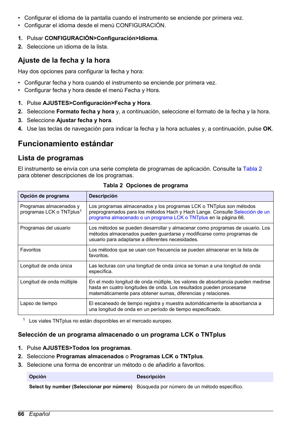 Ajuste de la fecha y la hora, Funcionamiento estándar, Lista de programas | Hach-Lange DR1900 Basic User Manual User Manual | Page 66 / 318