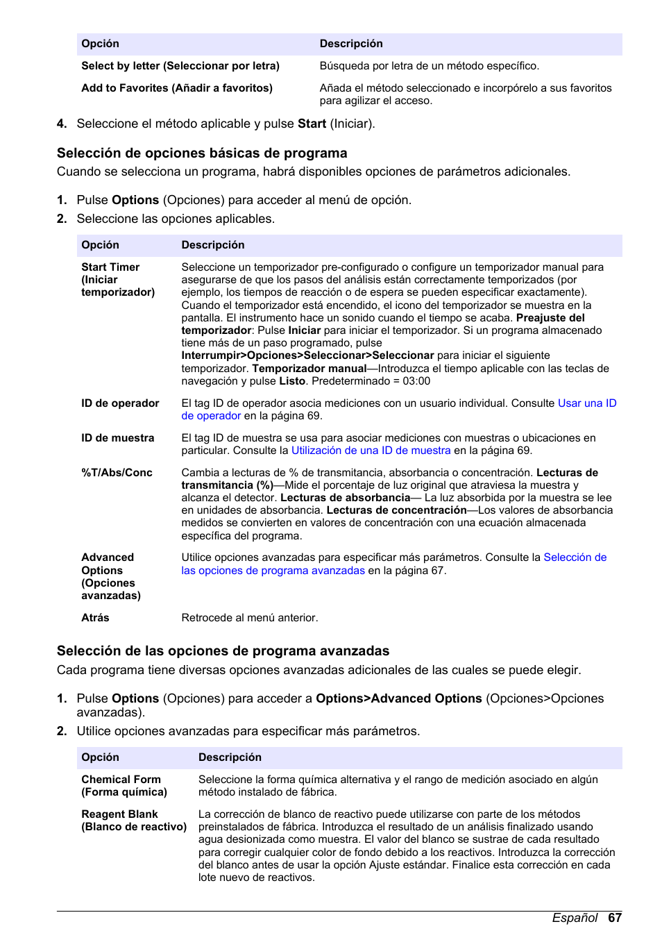Selección de opciones básicas de programa, Selección de las opciones de programa avanzadas | Hach-Lange DR1900 Basic User Manual User Manual | Page 67 / 318