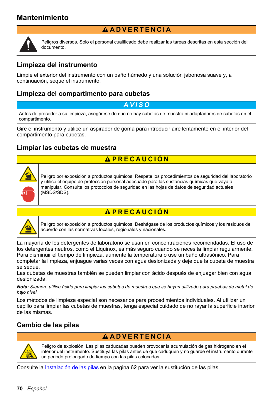 Mantenimiento, Limpieza del instrumento, Limpieza del compartimento para cubetas | Limpiar las cubetas de muestra, Cambio de las pilas | Hach-Lange DR1900 Basic User Manual User Manual | Page 70 / 318