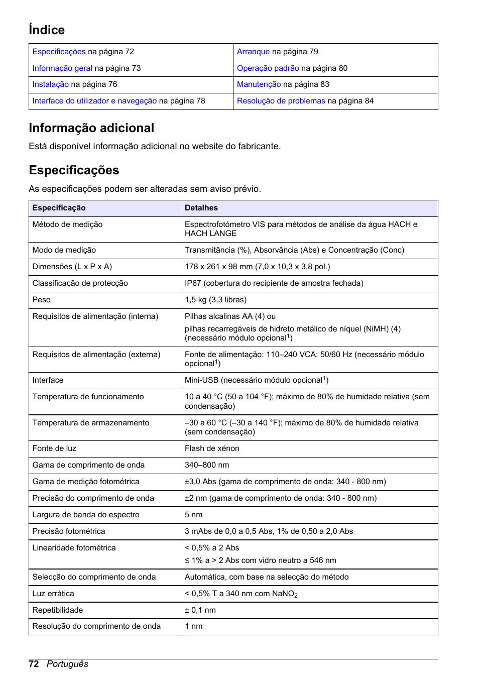 Manual básico do utilizador, Índice, Informação adicional | Especificações, Português | Hach-Lange DR1900 Basic User Manual User Manual | Page 72 / 318