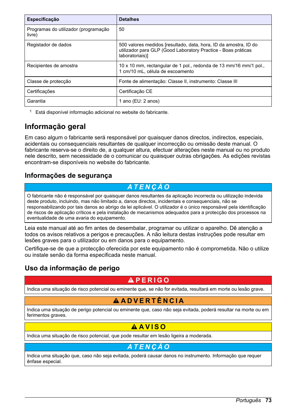 Informação geral, Informações de segurança, Uso da informação de perigo | Hach-Lange DR1900 Basic User Manual User Manual | Page 73 / 318