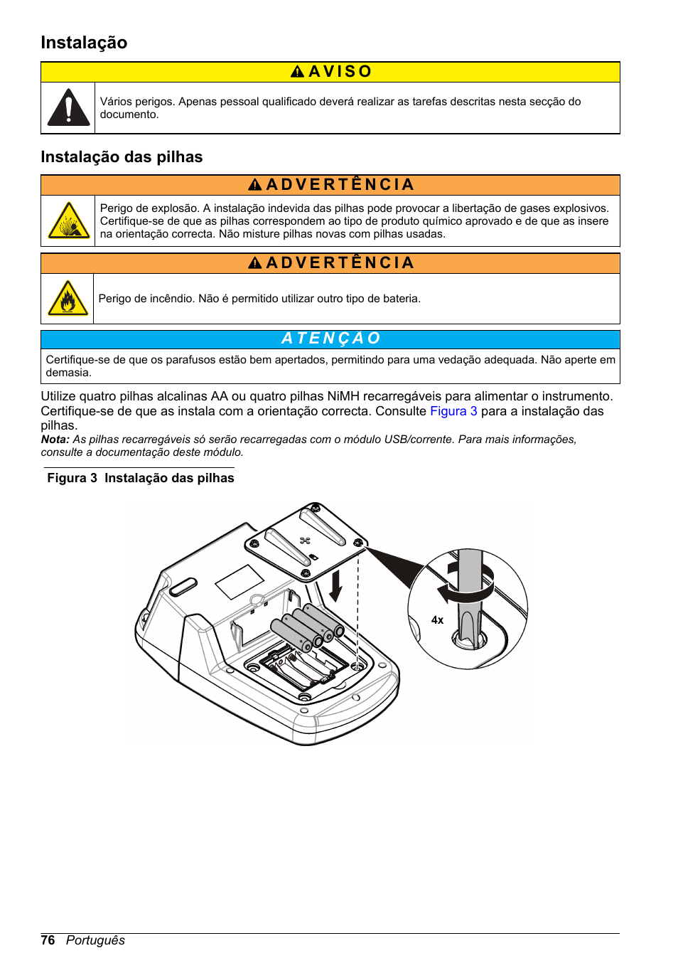 Instalação, Instalação das pilhas | Hach-Lange DR1900 Basic User Manual User Manual | Page 76 / 318