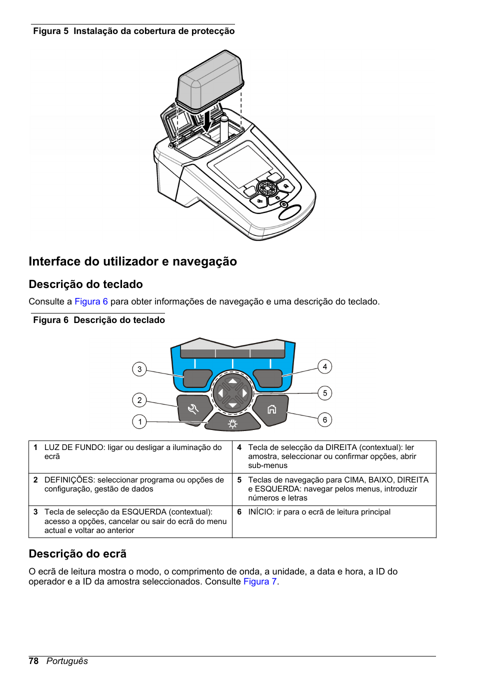 Interface do utilizador e navegação, Descrição do teclado, Descrição do ecrã | Figura 5 | Hach-Lange DR1900 Basic User Manual User Manual | Page 78 / 318
