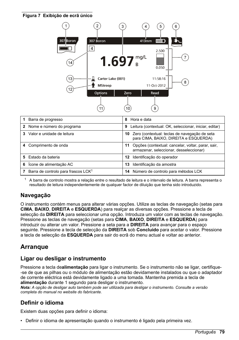 Navegação, Arranque, Ligar ou desligar o instrumento | Definir o idioma, Figura 7 | Hach-Lange DR1900 Basic User Manual User Manual | Page 79 / 318
