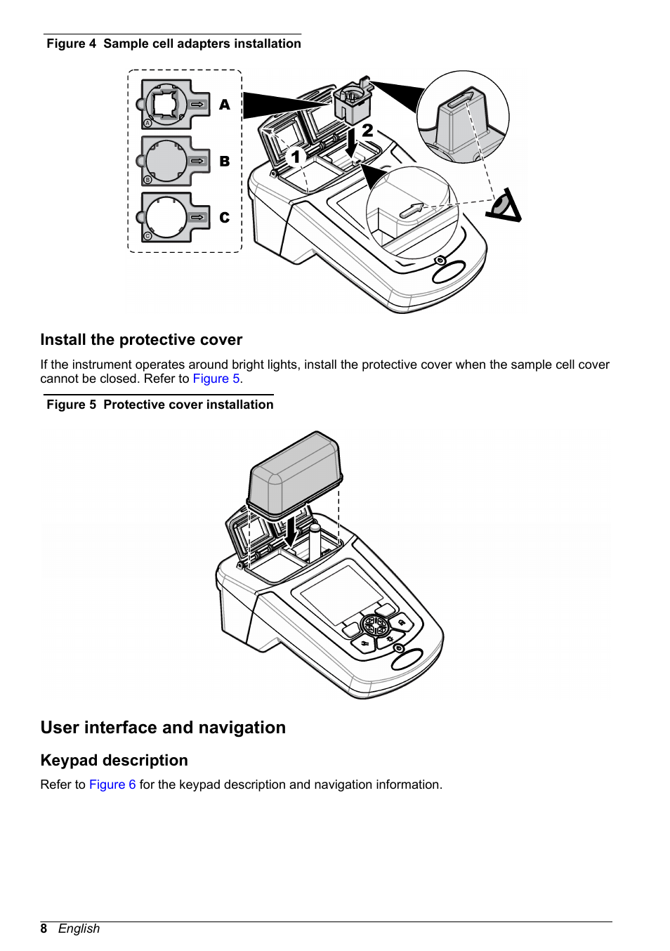 Install the protective cover, User interface and navigation, Keypad description | Figure 4, For the adapter installation | Hach-Lange DR1900 Basic User Manual User Manual | Page 8 / 318