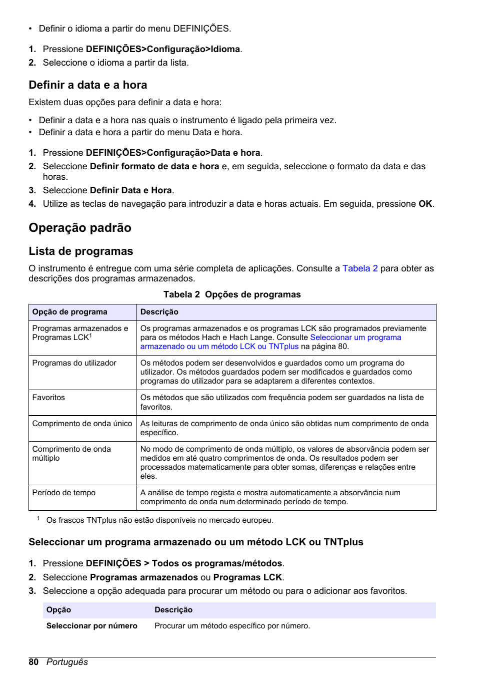 Definir a data e a hora, Operação padrão, Lista de programas | Hach-Lange DR1900 Basic User Manual User Manual | Page 80 / 318