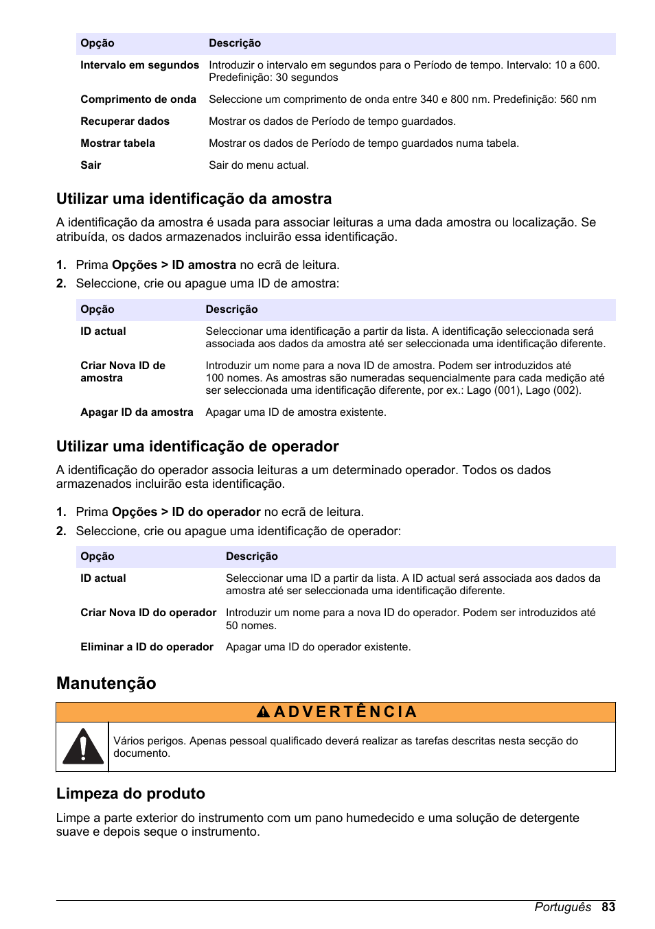 Utilizar uma identificação da amostra, Utilizar uma identificação de operador, Manutenção | Limpeza do produto, Amostra ou localização. consulte | Hach-Lange DR1900 Basic User Manual User Manual | Page 83 / 318