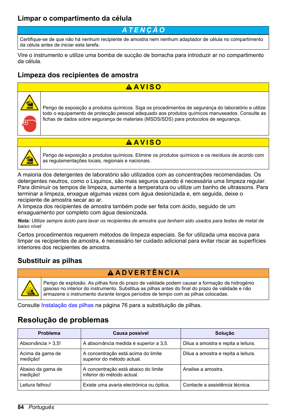 Limpar o compartimento da célula, Limpeza dos recipientes de amostra, Substituir as pilhas | Resolução de problemas | Hach-Lange DR1900 Basic User Manual User Manual | Page 84 / 318