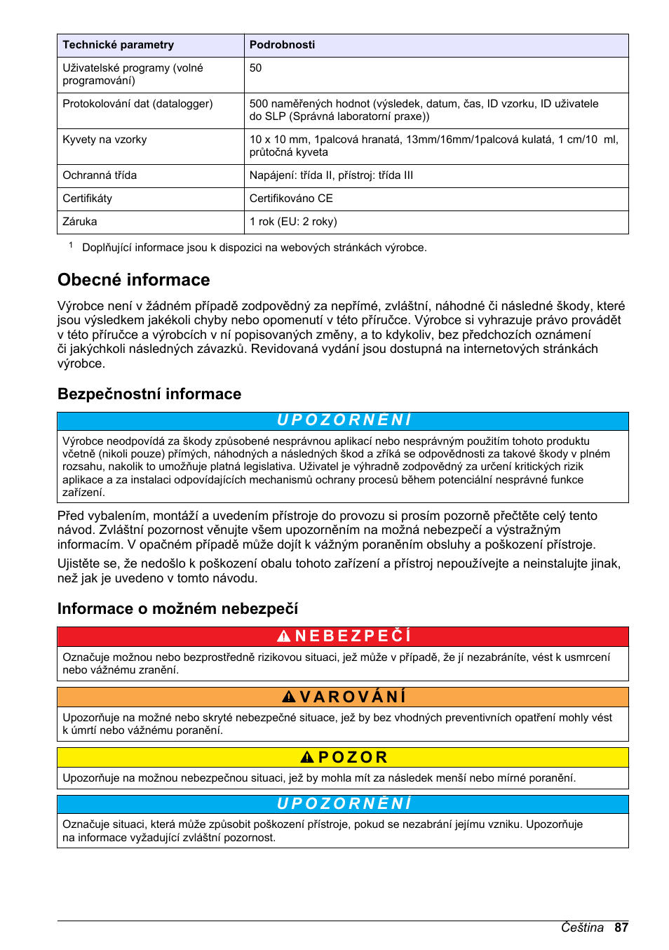 Obecné informace, Bezpečnostní informace, Informace o možném nebezpečí | Na straně | Hach-Lange DR1900 Basic User Manual User Manual | Page 87 / 318