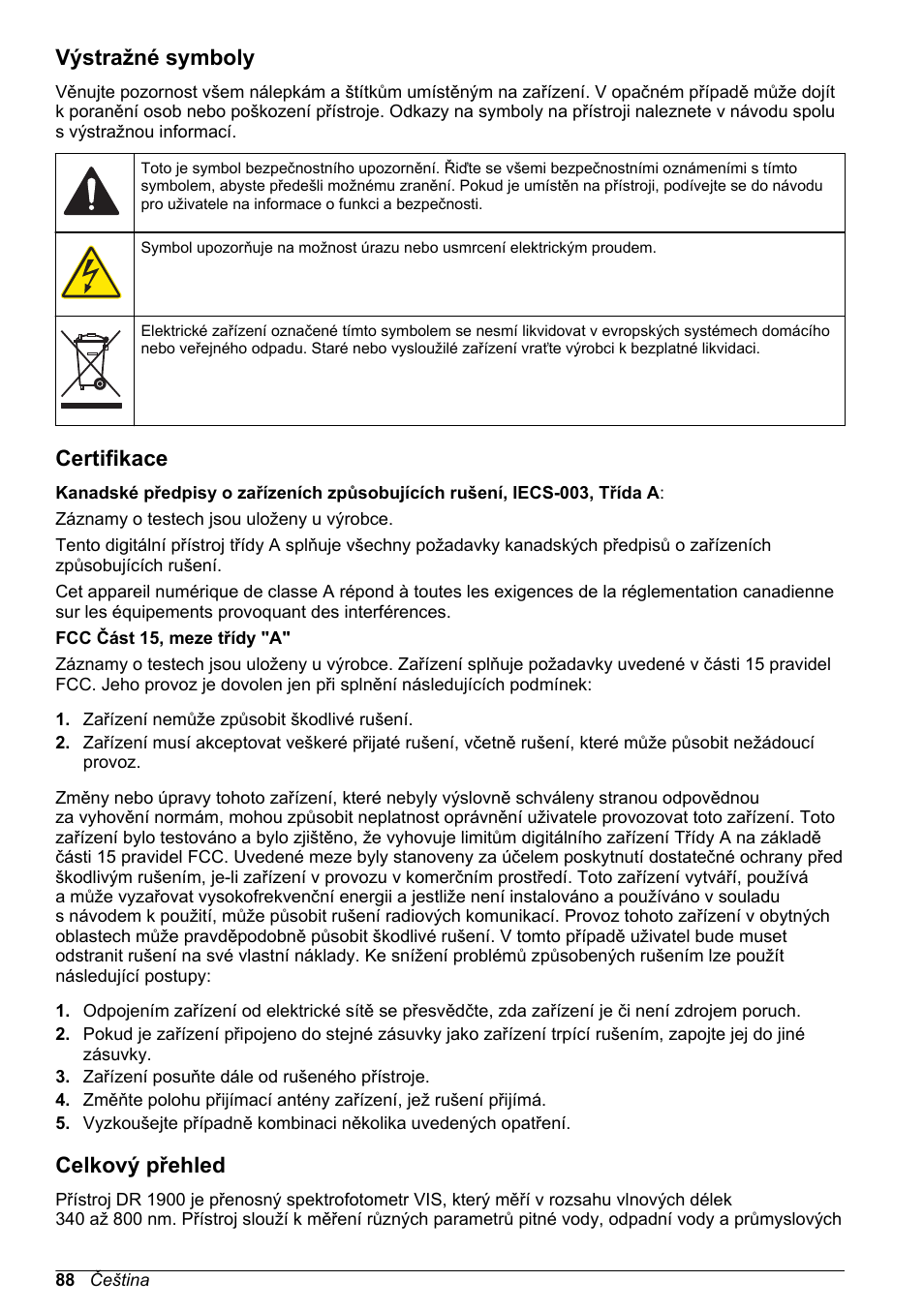 Výstražné symboly, Certifikace, Celkový přehled | Hach-Lange DR1900 Basic User Manual User Manual | Page 88 / 318