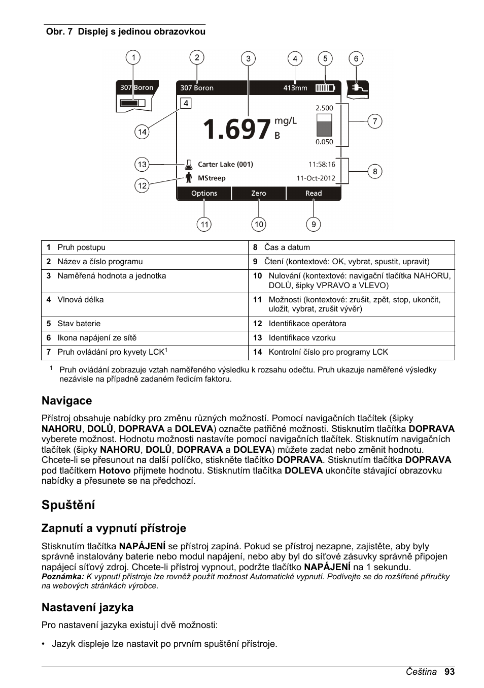 Navigace, Spuštění, Zapnutí a vypnutí přístroje | Nastavení jazyka, Obr. 7 | Hach-Lange DR1900 Basic User Manual User Manual | Page 93 / 318