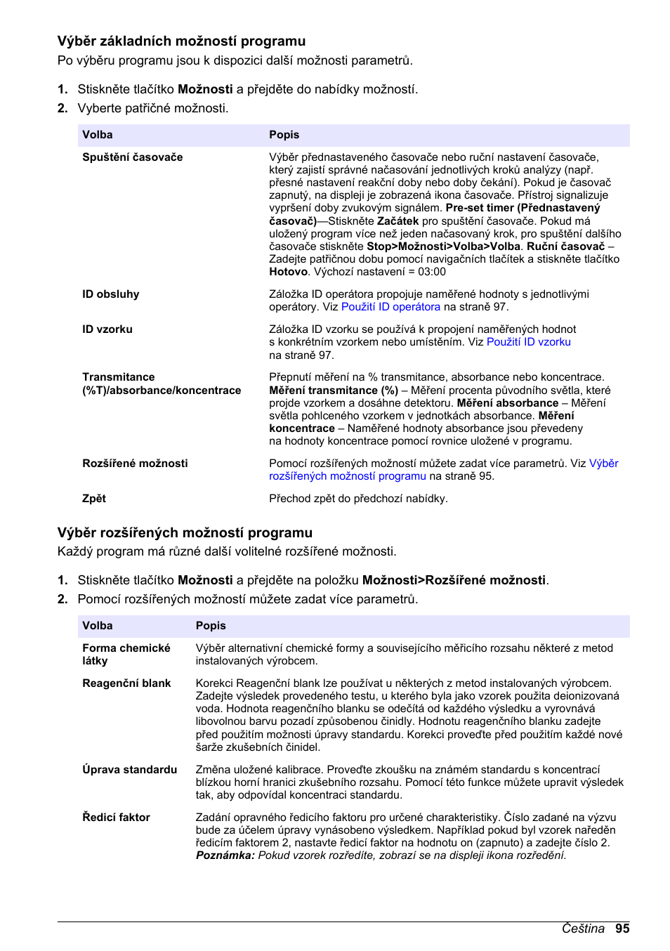 Výběr základních možností programu, Výběr rozšířených možností programu | Hach-Lange DR1900 Basic User Manual User Manual | Page 95 / 318