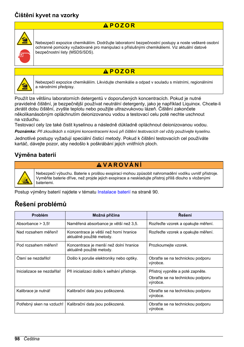 Čištění kyvet na vzorky, Výměna baterií, Řešení problémů | Na straně 98 | Hach-Lange DR1900 Basic User Manual User Manual | Page 98 / 318