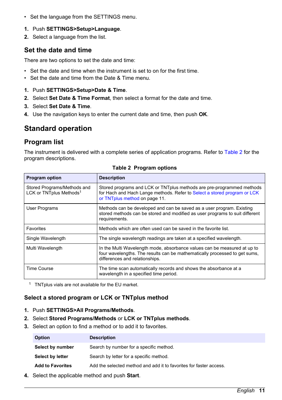 Set the date and time, Standard operation, Program list | Select a stored program or lck or tntplus method | Hach-Lange DR1900 User Manual User Manual | Page 13 / 26