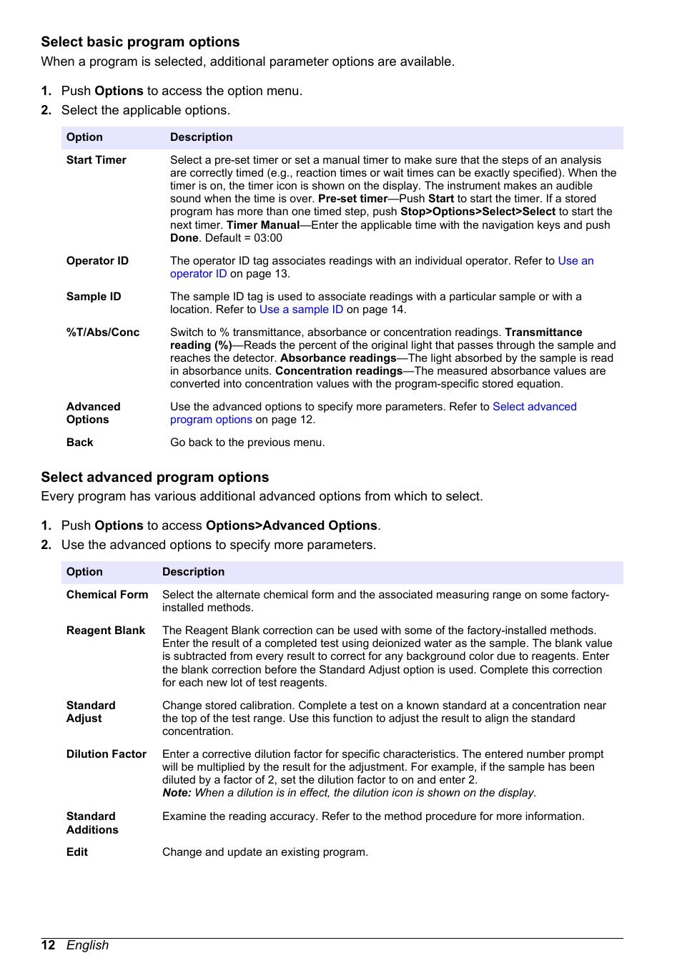 Select basic program options, Select advanced program options | Hach-Lange DR1900 User Manual User Manual | Page 14 / 26