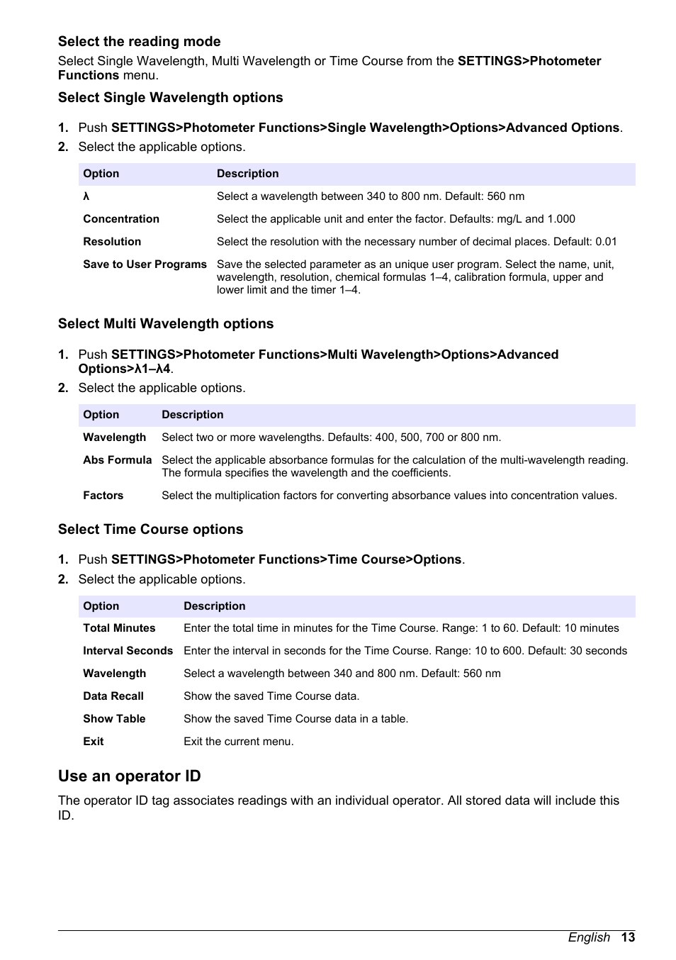 Select the reading mode, Select single wavelength options, Select multi wavelength options | Select time course options, Use an operator id, Use an, Operator id | Hach-Lange DR1900 User Manual User Manual | Page 15 / 26