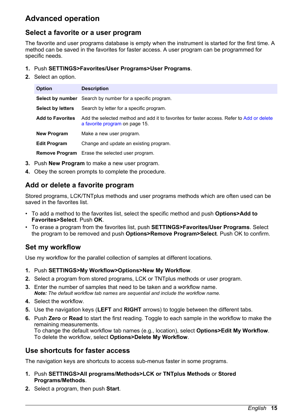 Advanced operation, Select a favorite or a user program, Add or delete a favorite program | Set my workflow, Use shortcuts for faster access | Hach-Lange DR1900 User Manual User Manual | Page 17 / 26