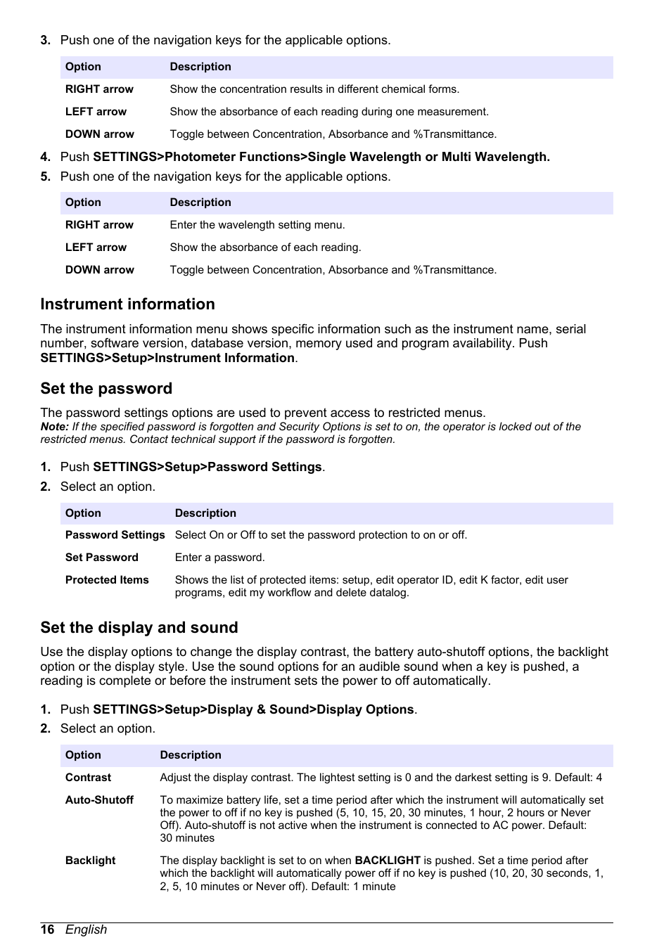 Instrument information, Set the password, Set the display and sound | Hach-Lange DR1900 User Manual User Manual | Page 18 / 26