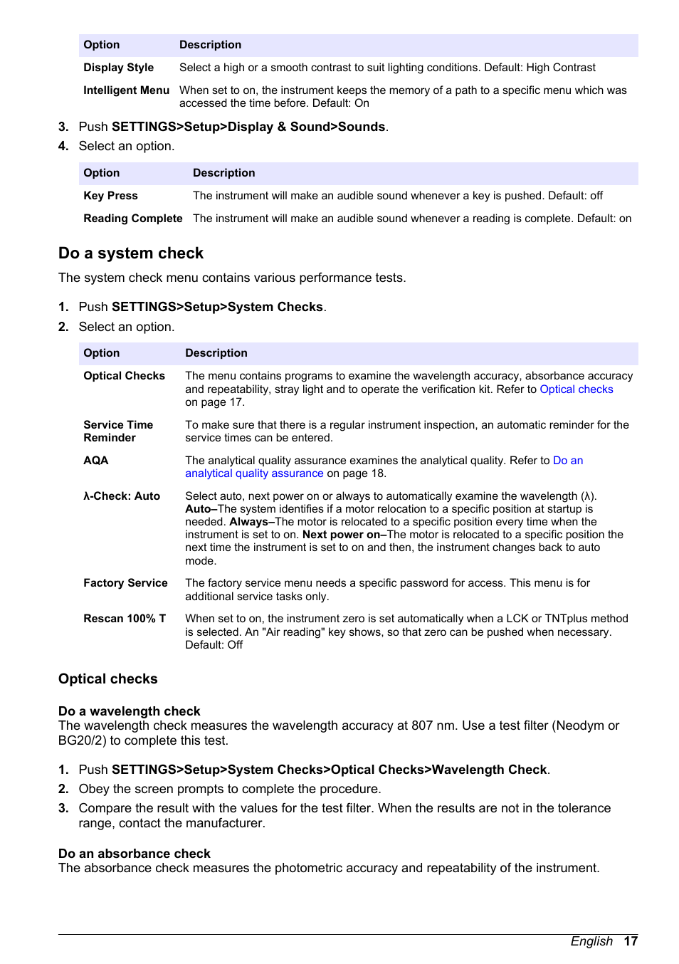 Do a system check, Optical checks, Do a wavelength check | Do an absorbance check, Do a wavelength check do an absorbance check | Hach-Lange DR1900 User Manual User Manual | Page 19 / 26