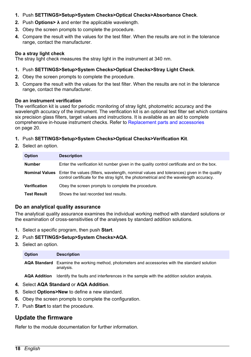 Do a stray light check, Do an instrument verification, Do an analytical quality assurance | Update the firmware, Do an, Analytical quality assurance | Hach-Lange DR1900 User Manual User Manual | Page 20 / 26