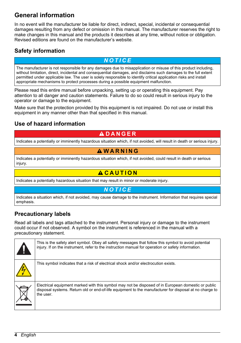 General information, Safety information, Use of hazard information | Precautionary labels | Hach-Lange DR1900 User Manual User Manual | Page 6 / 26