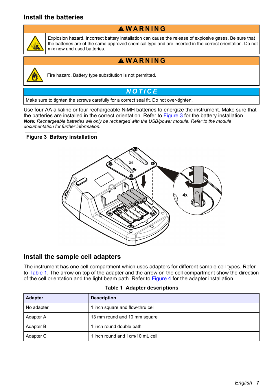 Install the batteries, Install the sample cell adapters | Hach-Lange DR1900 User Manual User Manual | Page 9 / 26