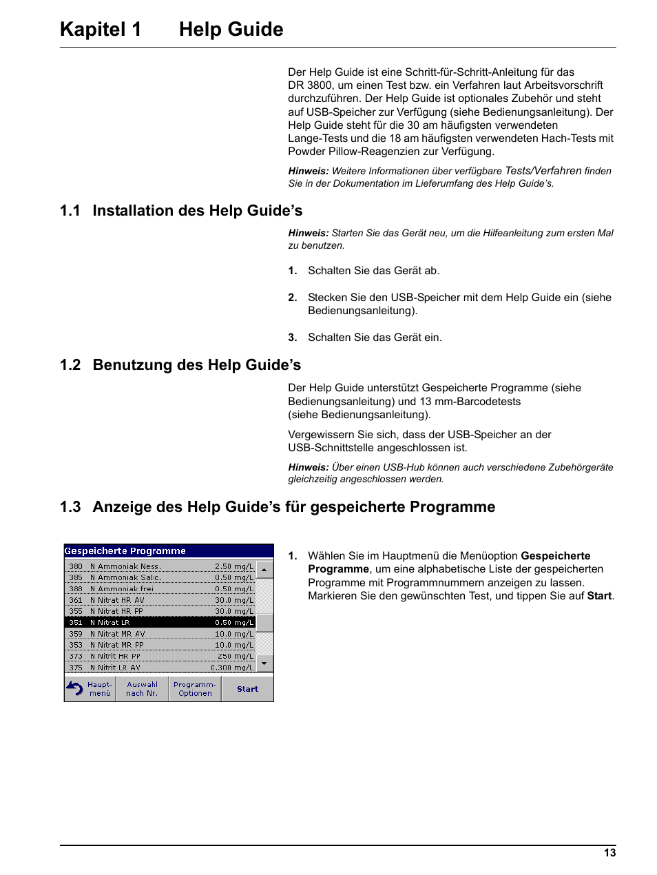 Kapitel 1 help guide, 1 installation des help guide’s, 2 benutzung des help guide’s | Tel 1 h, 1 installat, 2 benutzung des help g, 3 anz | Hach-Lange DR 3800 Help Guide User Manual | Page 13 / 46