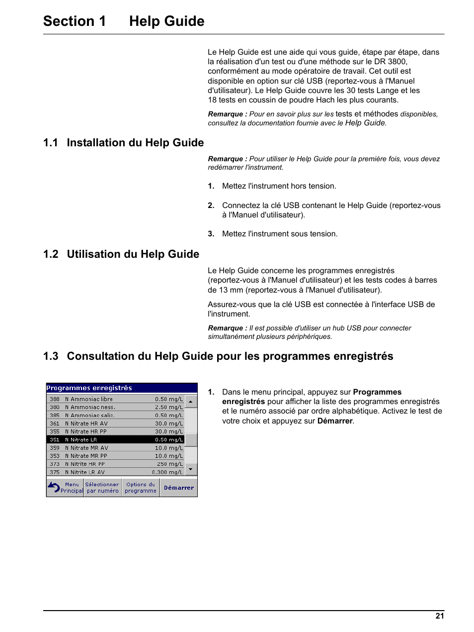 Section 1 help guide, 1 installation du help guide, 2 utilisation du help guide | 1 installat, 2 utilisation du h, 3 consultation du h | Hach-Lange DR 3800 Help Guide User Manual | Page 21 / 46