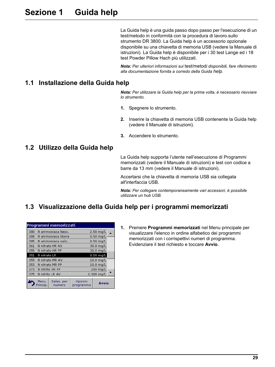 Sezione 1 guida help, 1 installazione della guida help, 2 utilizzo della guida help | 1 installaz, 2 utilizz, 3 visualiz | Hach-Lange DR 3800 Help Guide User Manual | Page 29 / 46