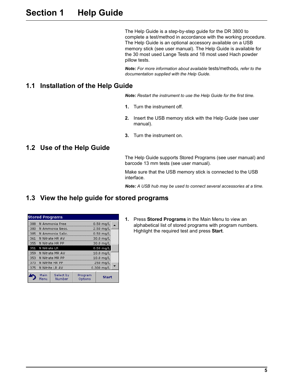 Section 1 help guide, 1 installation of the help guide, 2 use of the help guide | 3 view the help guide for stored programs, 1 installat, 2 use of t, 3 view, Kapi | Hach-Lange DR 3800 Help Guide User Manual | Page 5 / 46