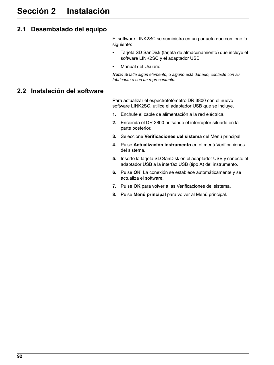 Sección 2 instalación, 1 desembalado del equipo, 2 instalación del software | Hach-Lange DR 3800 Additional Software LINK2SC User Manual | Page 104 / 148