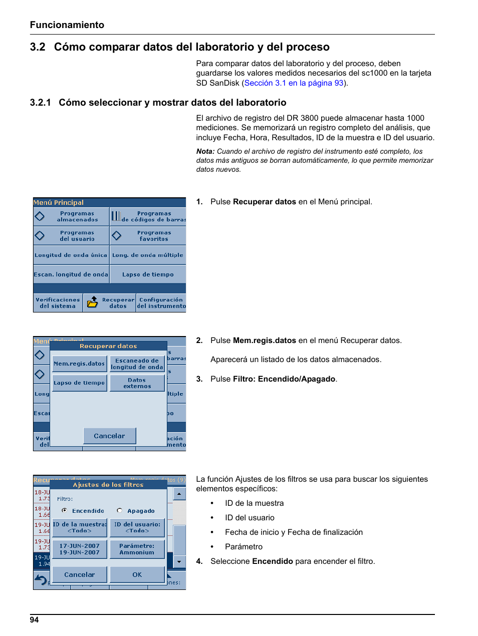 1 cómo seleccionar y mostrar datos del laboratorio | Hach-Lange DR 3800 Additional Software LINK2SC User Manual | Page 106 / 148