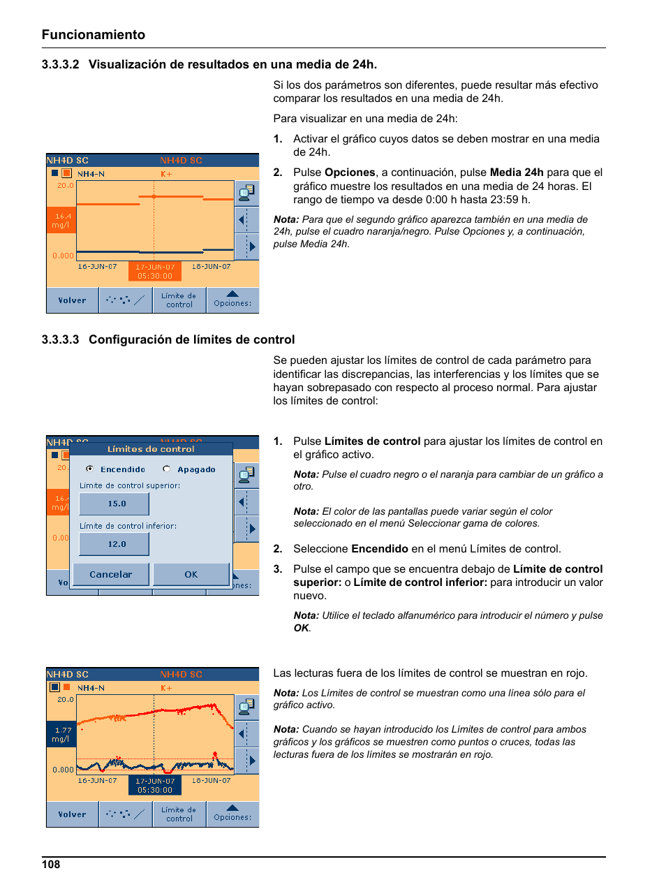 2 visualización de resultados en una media de 24h, 3 configuración de límites de control, Funcionamiento | Hach-Lange DR 3800 Additional Software LINK2SC User Manual | Page 120 / 148