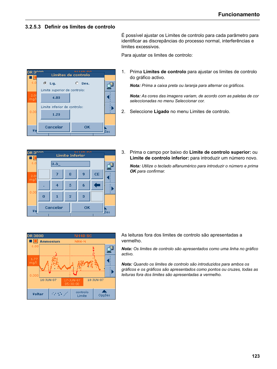 3 definir os limites de controlo, Funcionamento | Hach-Lange DR 3800 Additional Software LINK2SC User Manual | Page 135 / 148