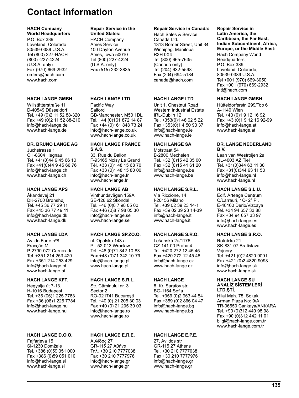 Contact information | Hach-Lange DR 3800 Additional Software LINK2SC User Manual | Page 147 / 148