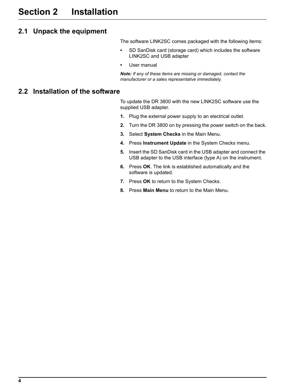 Section 2 installation, 1 unpack the equipment, 2 installation of the software | Hach-Lange DR 3800 Additional Software LINK2SC User Manual | Page 16 / 148