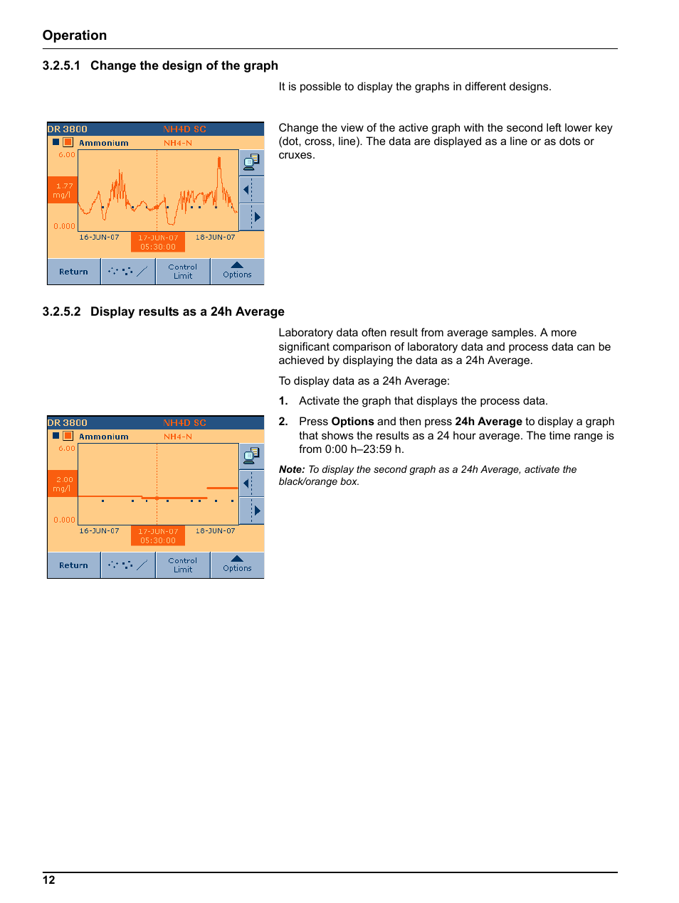 1 change the design of the graph, 2 display results as a 24h average | Hach-Lange DR 3800 Additional Software LINK2SC User Manual | Page 24 / 148