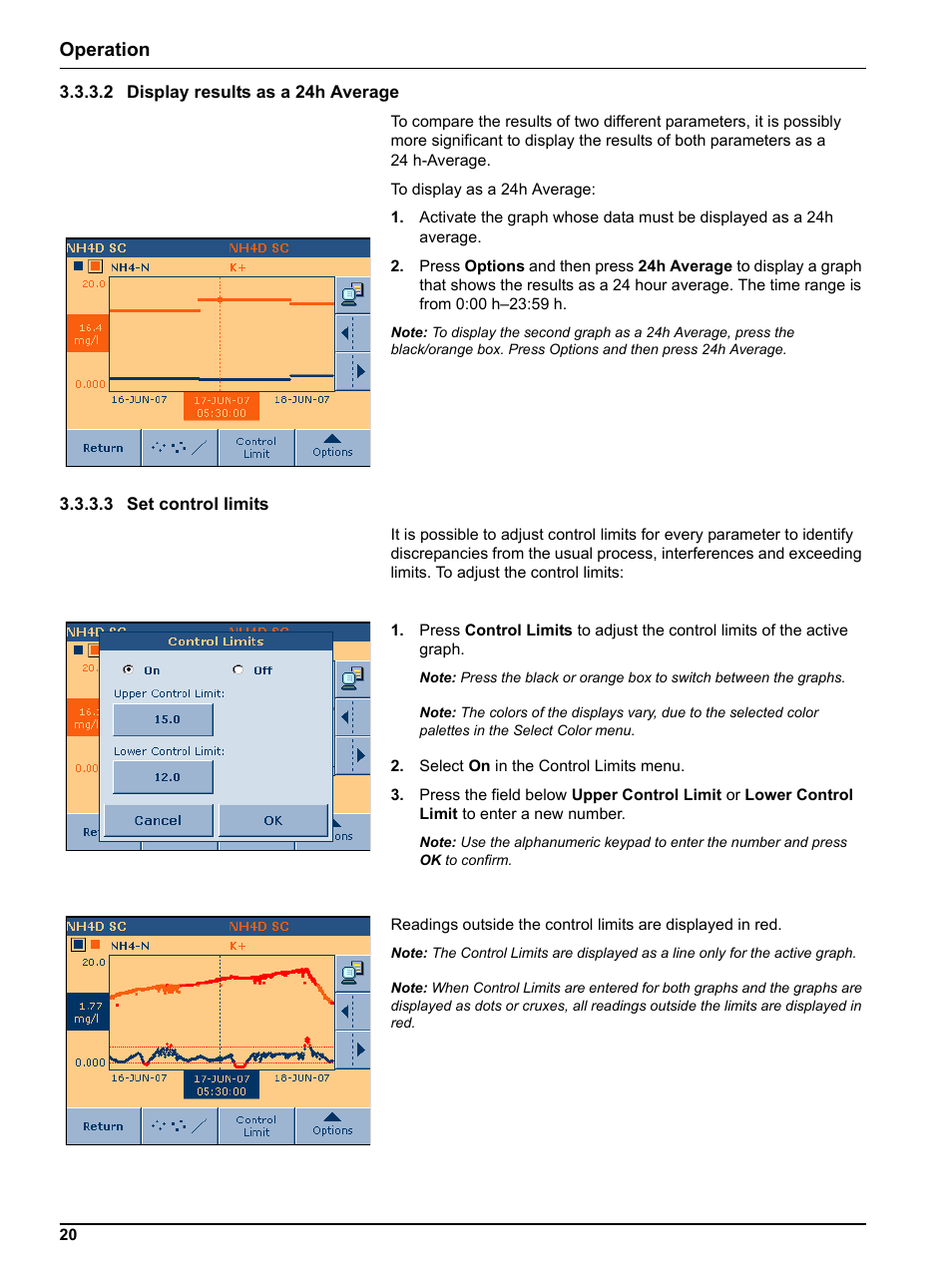 2 display results as a 24h average, 3 set control limits, Operation | Hach-Lange DR 3800 Additional Software LINK2SC User Manual | Page 32 / 148