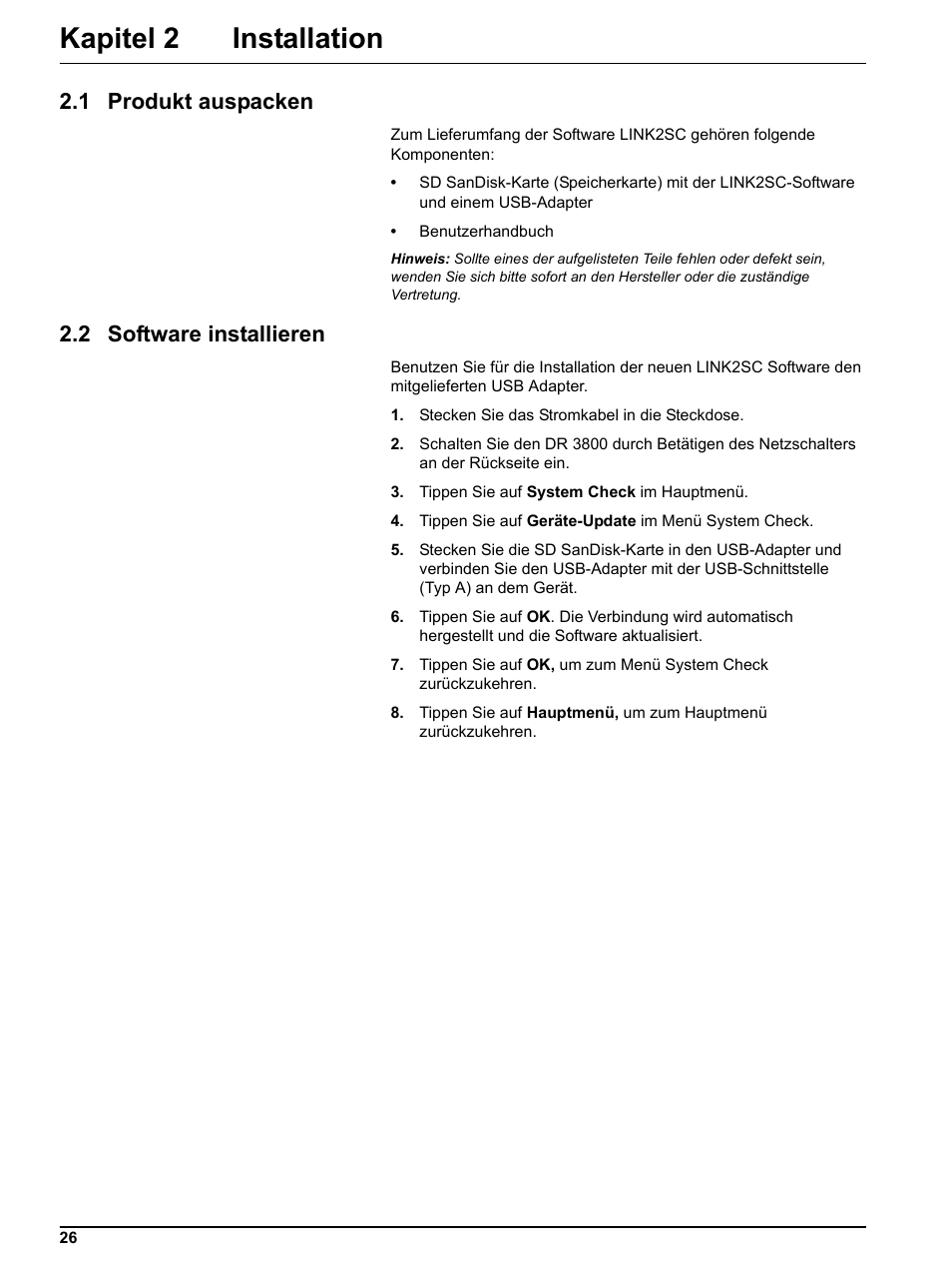 Kapitel 2 installation, 1 produkt auspacken, 2 software installieren | 1 produkt auspacken 2.2 software installieren | Hach-Lange DR 3800 Additional Software LINK2SC User Manual | Page 38 / 148