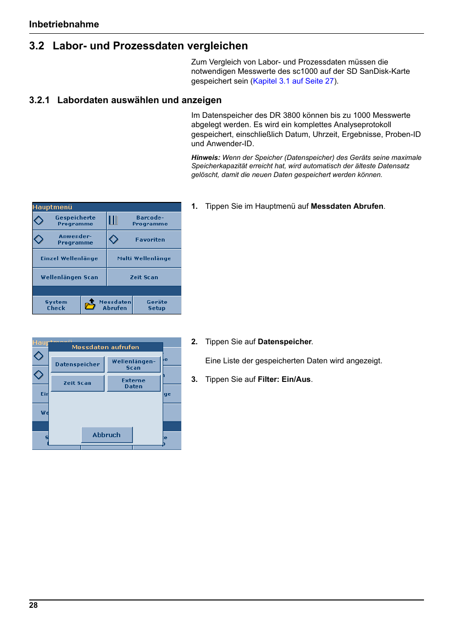 2 labor- und prozessdaten vergleichen, 1 labordaten auswählen und anzeigen | Hach-Lange DR 3800 Additional Software LINK2SC User Manual | Page 40 / 148