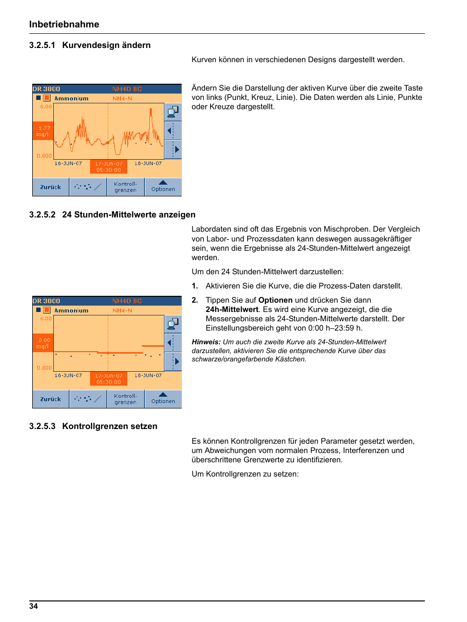 1 kurvendesign ändern, 2 24 stunden-mittelwerte anzeigen, 3 kontrollgrenzen setzen | Hach-Lange DR 3800 Additional Software LINK2SC User Manual | Page 46 / 148