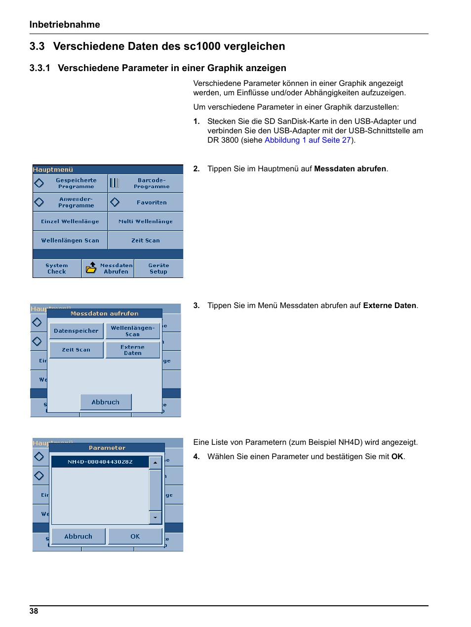 3 verschiedene daten des sc1000 vergleichen, 1 verschiedene parameter in einer graphik anzeigen | Hach-Lange DR 3800 Additional Software LINK2SC User Manual | Page 50 / 148