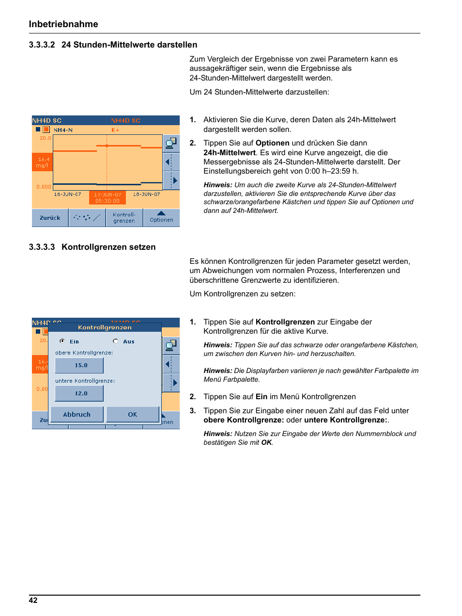 2 24 stunden-mittelwerte darstellen, 3 kontrollgrenzen setzen, Inbetriebnahme | Hach-Lange DR 3800 Additional Software LINK2SC User Manual | Page 54 / 148