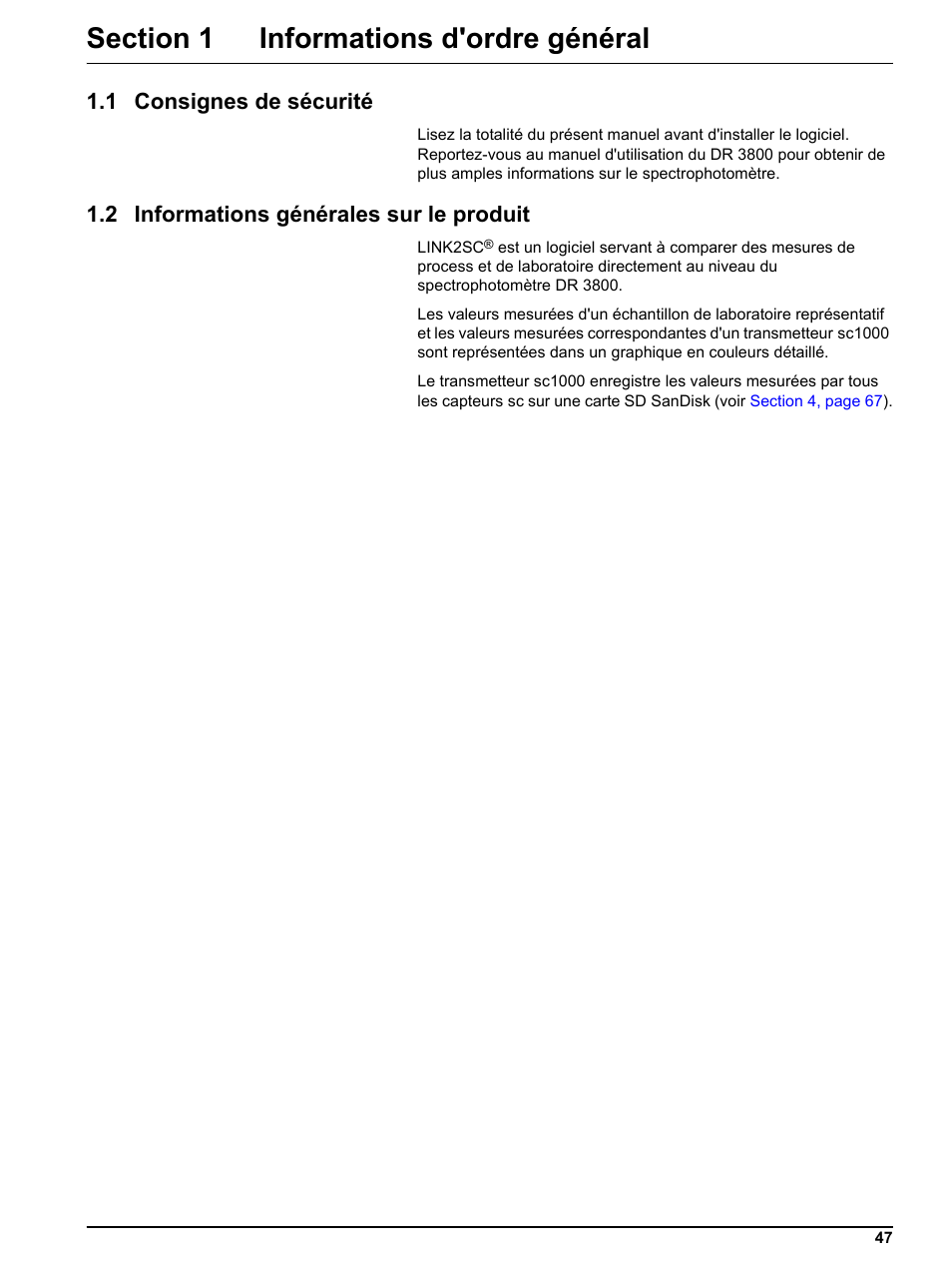 Section 1 informations d'ordre général, 1 consignes de sécurité, 2 informations générales sur le produit | Hach-Lange DR 3800 Additional Software LINK2SC User Manual | Page 59 / 148