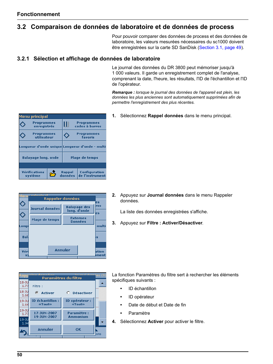1 sélection et affichage de données de laboratoire | Hach-Lange DR 3800 Additional Software LINK2SC User Manual | Page 62 / 148