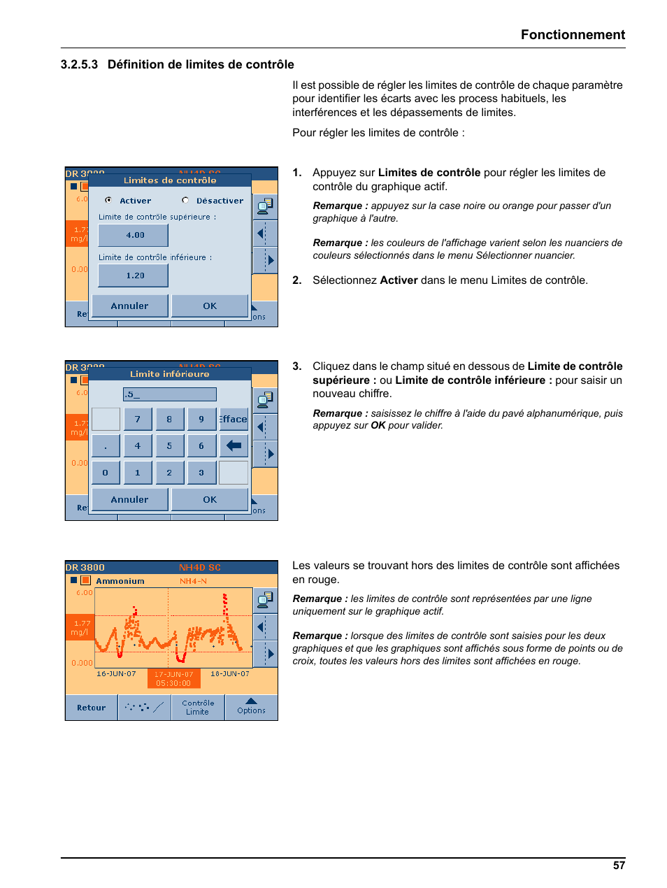 3 définition de limites de contrôle, Fonctionnement | Hach-Lange DR 3800 Additional Software LINK2SC User Manual | Page 69 / 148